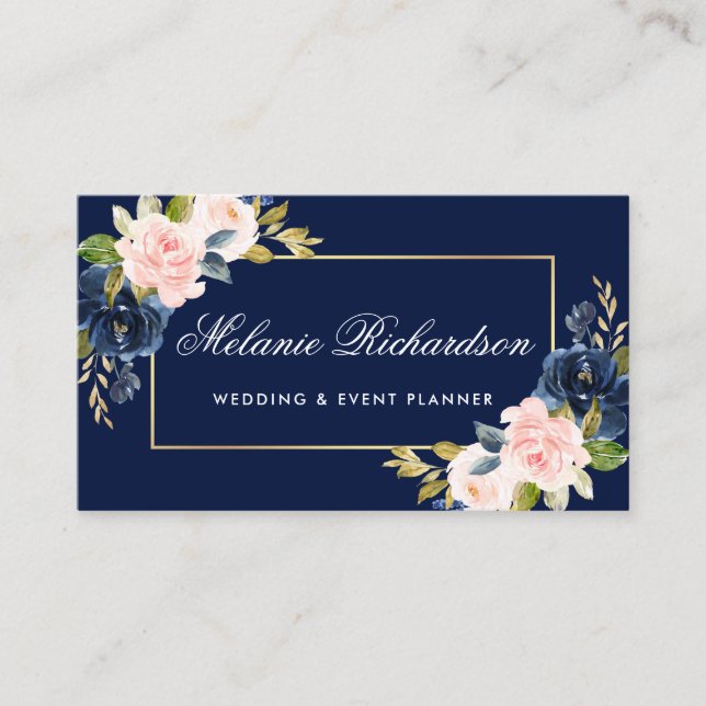 Elegant Vattenfärgsfärg Rosa  Blommigt Guld Blue Visitkort (Framsida)