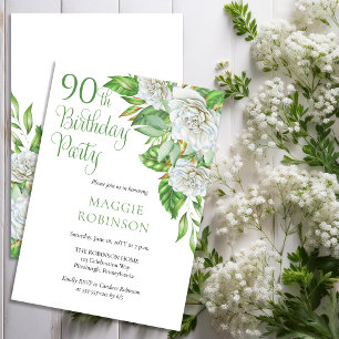 Elegant Vattenfärgsfärg Vit ros 90:e Födelsedagsfe Inbjudningar