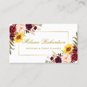 Elegant Vattenfärgsfärgad Blommigt Burgundy Solb Visitkort