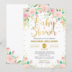 Elegant Vattenfärgsfärgad Blommigt Rosa & Guld Bab Inbjudningar