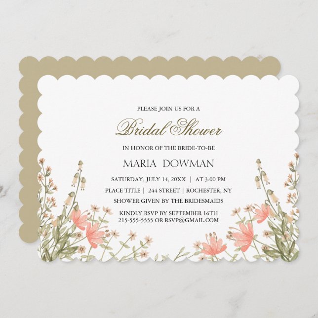 Elegant Vattenfärgsfärgad Blommigt Rustik Möhippa Inbjudningar (Fram/baksida)