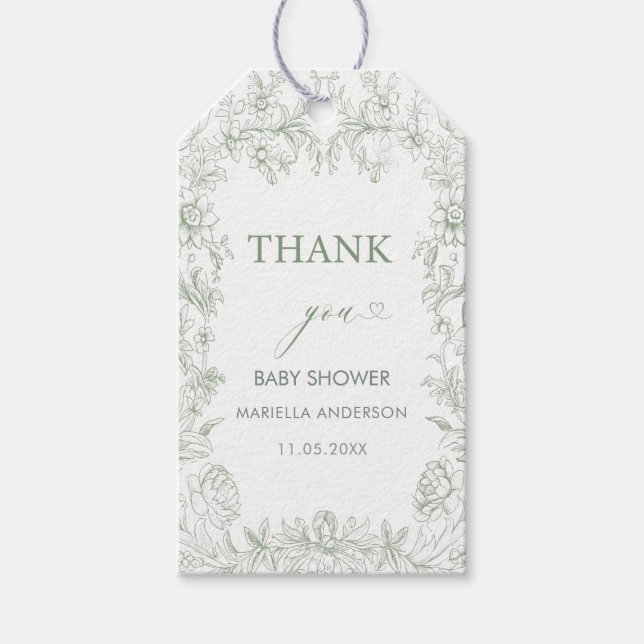 Elegant Vattenfärgsfärgad grönt blommigt chinoiser Presentetikett (Framsidan)