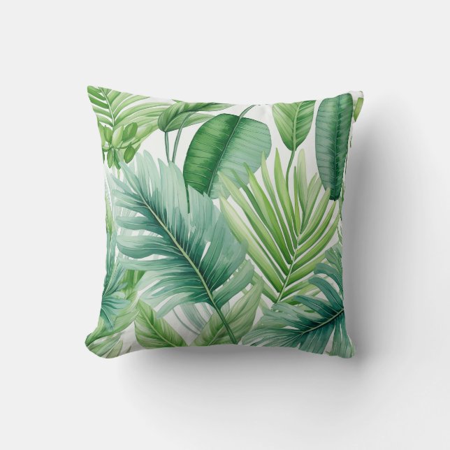 Elegant Vattenfärgsfärgad Grönt Tropical Löv Mönst Kudde (Framsida)
