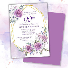 Elegant Vattenfärgsfärgad Lila Blommigt 90:e födel Inbjudningar