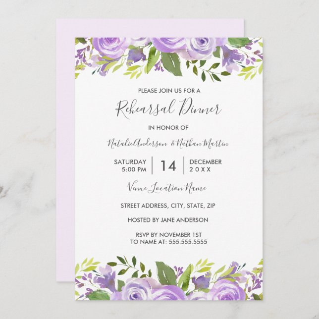 Elegant Vattenfärgsfärgad Lila Blommigt Rehearsal  Inbjudningar (Fram/baksida)