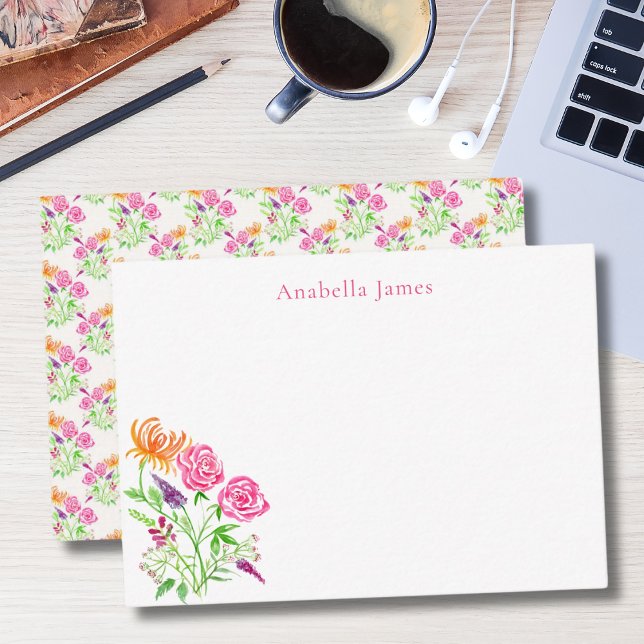 Elegant Vattenfärgsfärgad Ro, ögonblicksbilder och Anteckningskort (Hand painted with a coordinating pattern on the backing. )