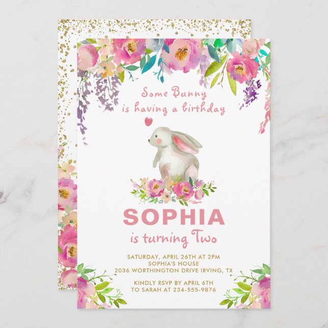 Elegant Vattenfärgsfärgad Rosa Blommigt Nyttjanded Inbjudningar (Fram/baksida)