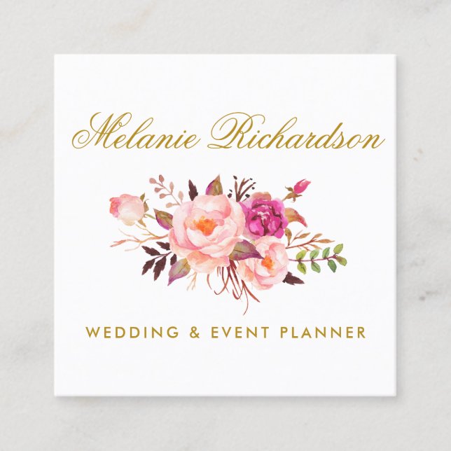 Elegant Vattenfärgsfärgad Rosa Blommigt och Guld Fyrkantigt Visitkort (Framsida)