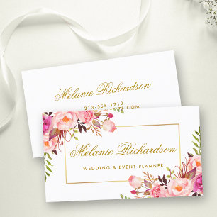 Elegant Vattenfärgsfärgad Rosa Blommigt och Guld Visitkort