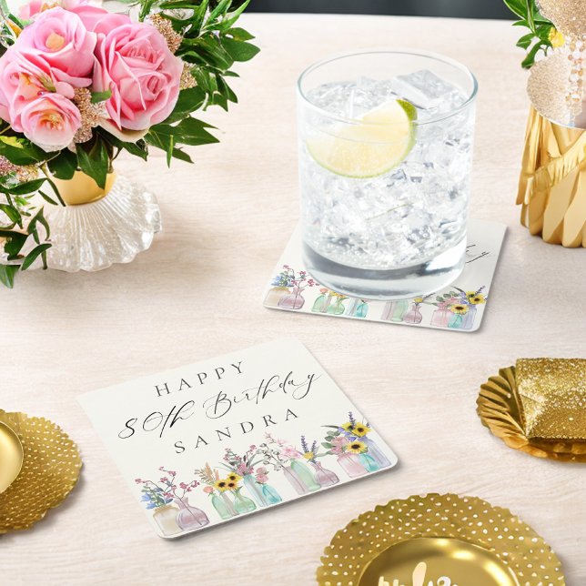 Elegant Vattenfärgsfärgade Blommigtar Lycklig 80:e Underlägg Papper Kvadrat (Skapare uppladdad)