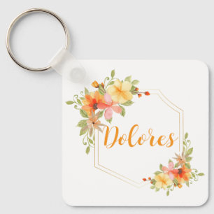 Elegant VattenfärgsfärgBlommigt Gult Monogram Namn Nyckelring