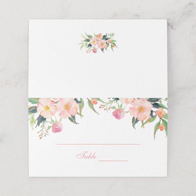 Elegant Vattenfärgsfärgkort Rosa Blommigt Bröllop  Placeringskort (Utvändigt utvikt)