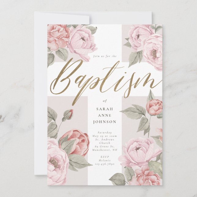 Elegant Vattenfärgsfärgning Rosa Peonies Baby Bapt Inbjudningar (Framsida)