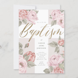 Elegant Vattenfärgsfärgning Rosa Peonies Baby Bapt Inbjudningar
