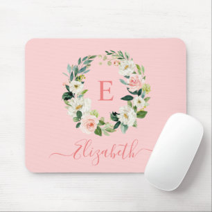 Elegant Vattenfärgsfärgning Rosa Vit Blommigt Mono Musmatta