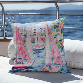 Elegant Vattenfärgsfartyg Rosa Sailboat Tropical C Kudde