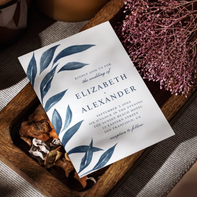 Elegant vattenfärgsflottan blått blommigt löv bröl inbjudningar (Skapare uppladdad)