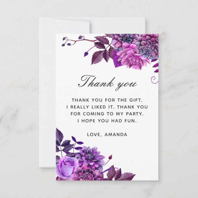 Elegant vattenfärgsfödelsedag lila lilax-blommigt tack kort (Framsida)