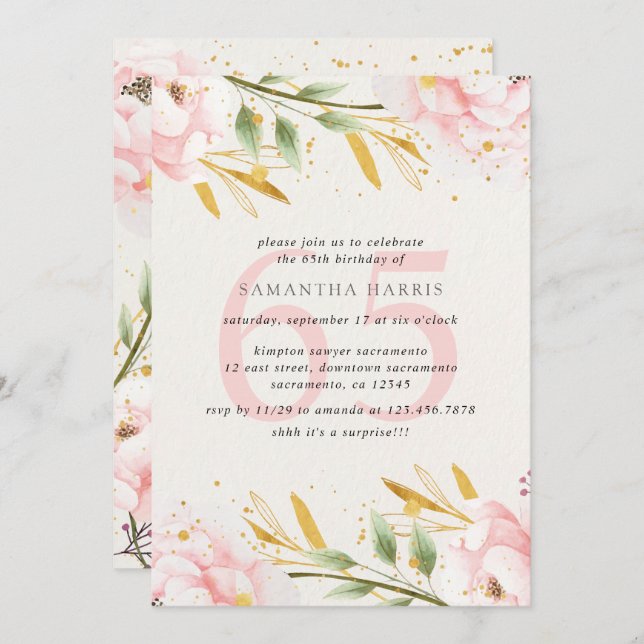 Elegant VattenfärgsFödelsedagsfest för Rosa och Gu Inbjudningar (Fram/baksida)
