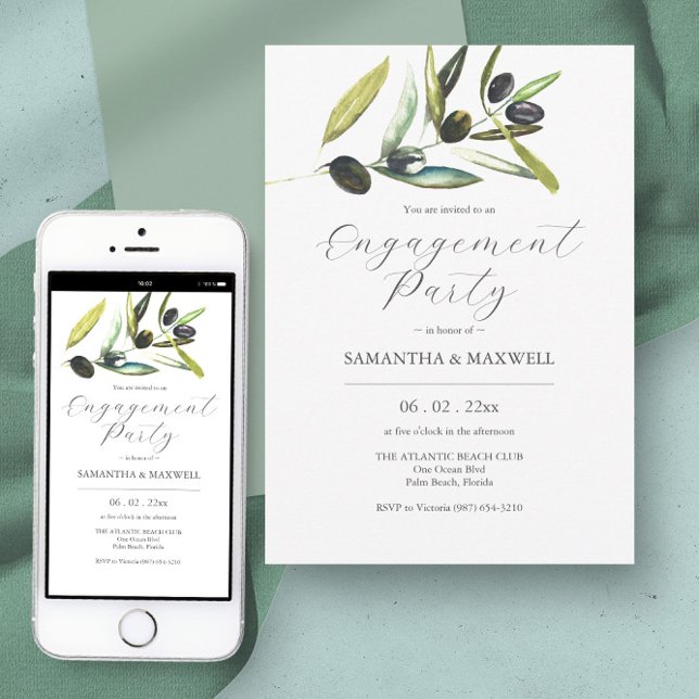 Elegant VattenfärgsGreenery-Förlovningsfest Inbjudningar (engagement party evite botanical watercolor olive branch)