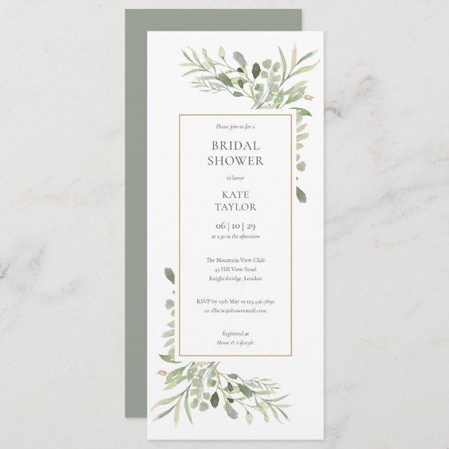 Elegant Vattenfärgsgrön Möhippa Inbjudningar (Fram/baksida)