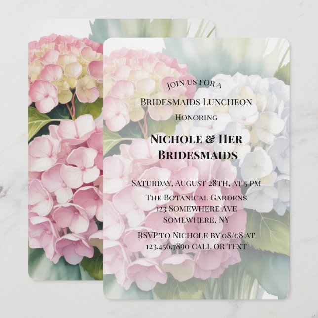 Elegant vattenfärgshydrangea middag för brudtärnor inbjudningar (Fram/baksida)