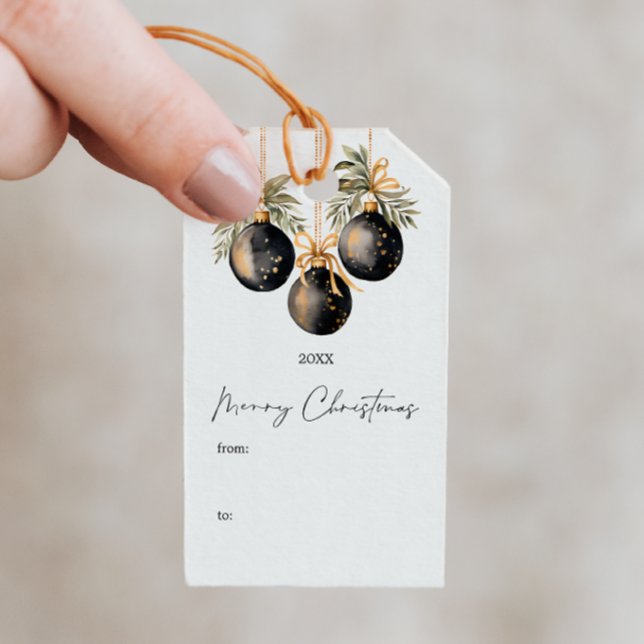 Elegant Vattenfärgsjul Julfest Baubles Presentetikett (MERRY CHRISTMAS MODERN TYPOGRAPHY CALLIGRAPHY CUSTOM GIFT TAG WITH BAUBLES AND ORNAMENT GOLD BLACK)