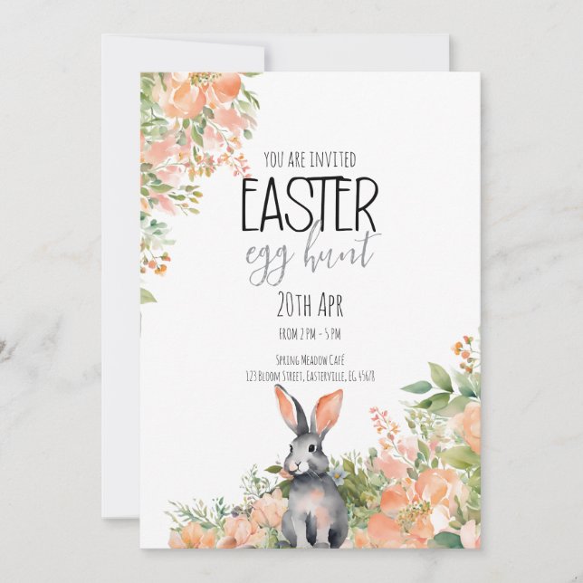 Elegant Vattenfärgskanin & Blommor Påsk Inbjudningar (Framsida)