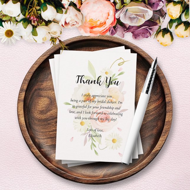 Elegant vattenfärgskärmsbröllopsdusch  tack kort (Chic watercolor blush floral bridal shower flat thank you cards (leave message blank to handwrite))