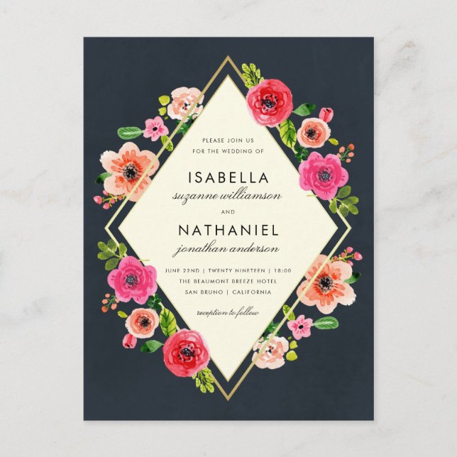 Elegant Vattenfärgslådor | Guld Ram Bröllop Vykort (Framsida)