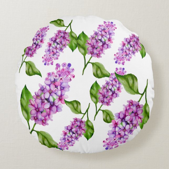 Elegant vattenfärgslilac gren rund kudde (Framsidan)