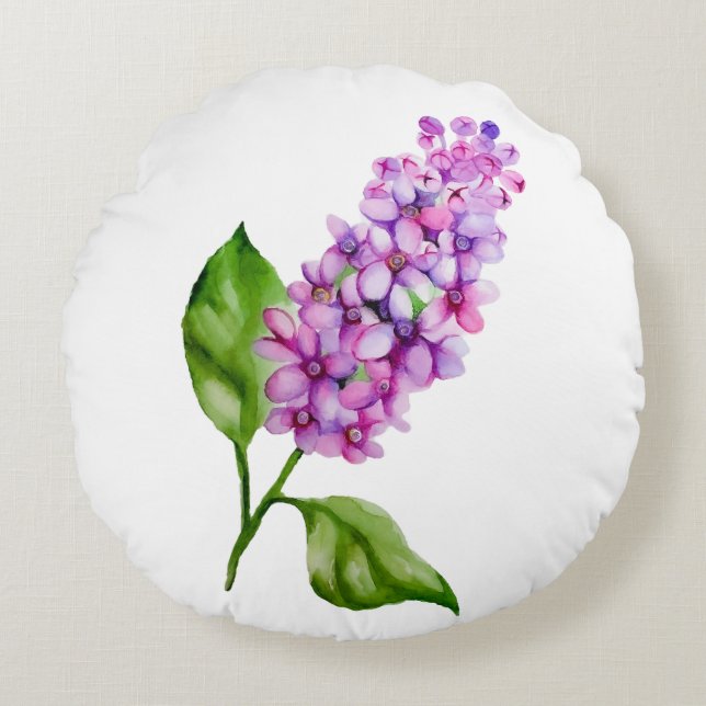 Elegant vattenfärgslilac gren rund kudde (Framsidan)