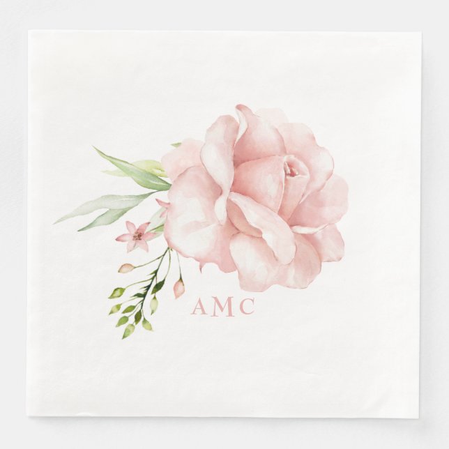 Elegant Vattenfärgsmagare Monogram Rosa Blommigt M Pappersservett (Framsida)