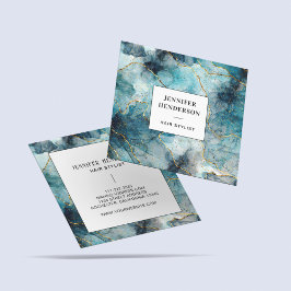 Elegant Vattenfärgsmarkör Marble Blue Guld Hairdre Fyrkantigt Visitkort