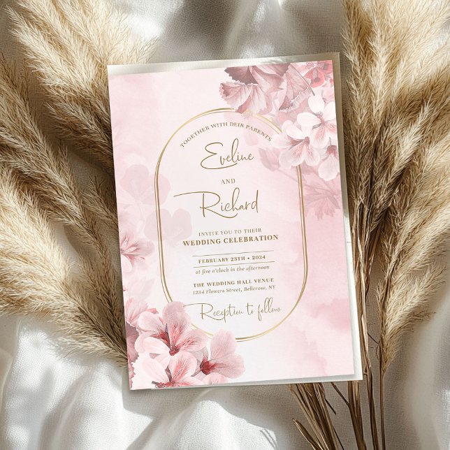 Elegant vattenfärgsmjuk rosa vår blommor guld inbjudningar (Elegant watercolor soft pink spring flowers gold invitation)