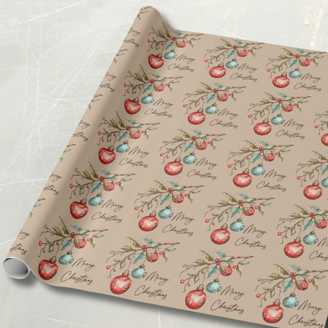 Elegant Vattenfärgsornament God jul Presentpapper (Christmas wrapping paper with watercolor ornaments and a beige background.)