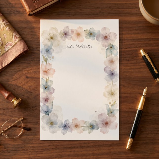 Elegant vattenfärgspastell Blommig Kant Namn Brevpapper (Skapare uppladdad)