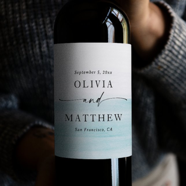 Elegant vattenfärgspastellblå nautiska bröllop vinflaska etikett (Skapare uppladdad)