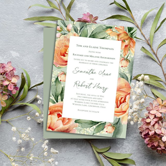 Elegant Vattenfärgspersika Flora Bröllop Inbjudningar (Peach floral elegant invitation)