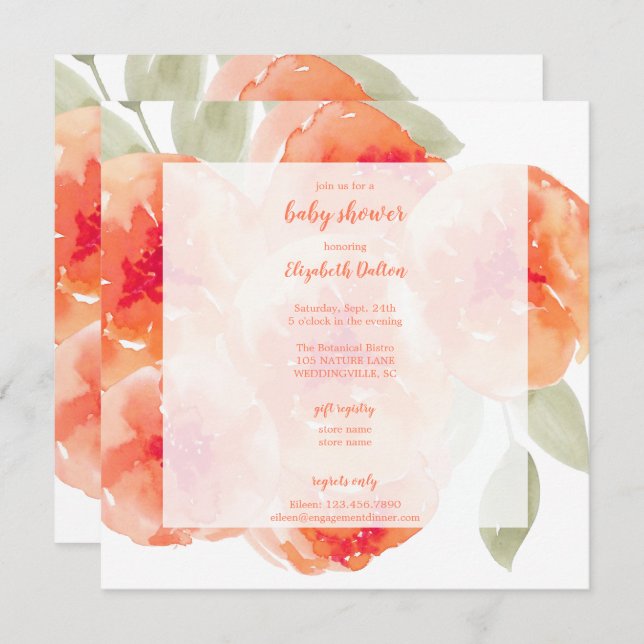 Elegant Vattenfärgspersikor, babyskor Inbjudningar (Fram/baksida)