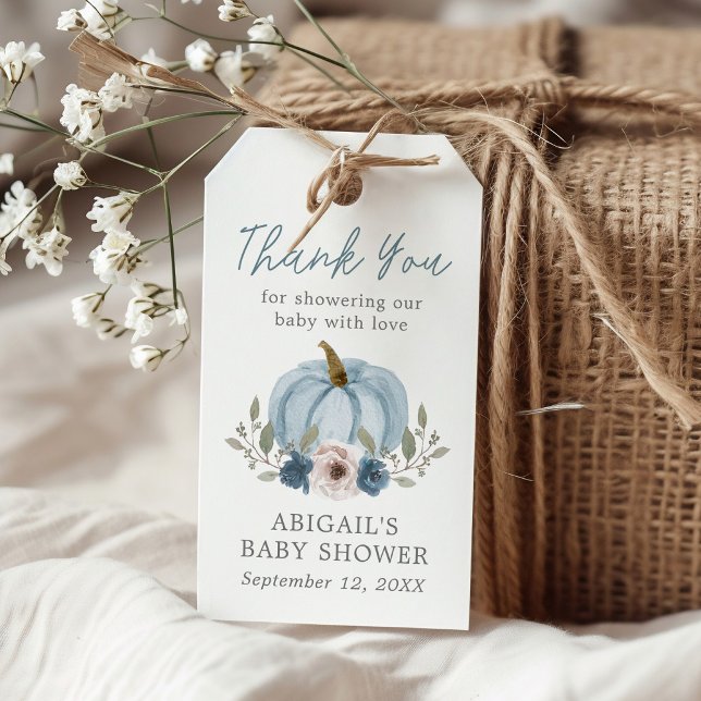 Elegant Vattenfärgspumpkin Baby Shower Blue Favori Presentetikett (Skapare uppladdad)