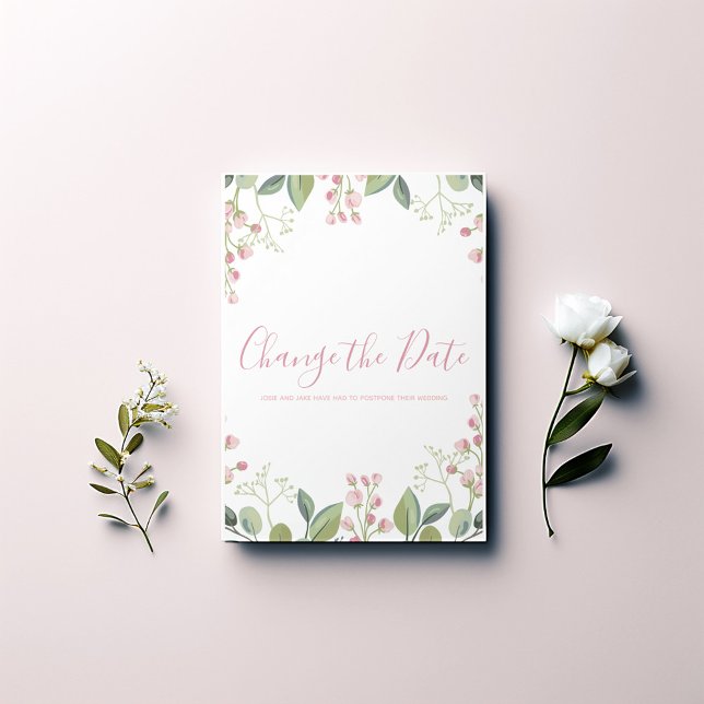Elegant VattenfärgsRosa och Grönt Spara Datumet (Elegant watercolor "Change the Date" card. Featuring a beautiful pink and green flower border.)