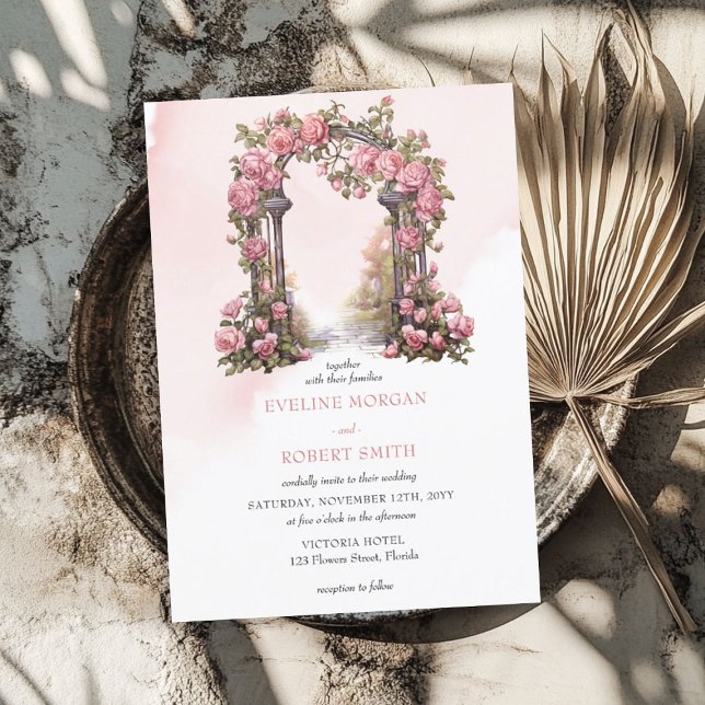 Elegant vattenfärgsruta för  rosa blommigt bröllop inbjudningar (Elegant watercolor blush pink floral arch wedding invitation)