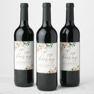 Elegant vattenfärgssid-Blommigt, sip-hooray Vinflaska Etikett