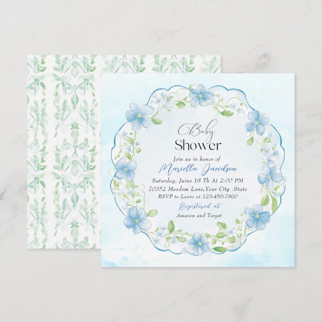 Elegant Vattenfärgsskare Blåa blommor Babykläder Inbjudningar (Fram/baksida)