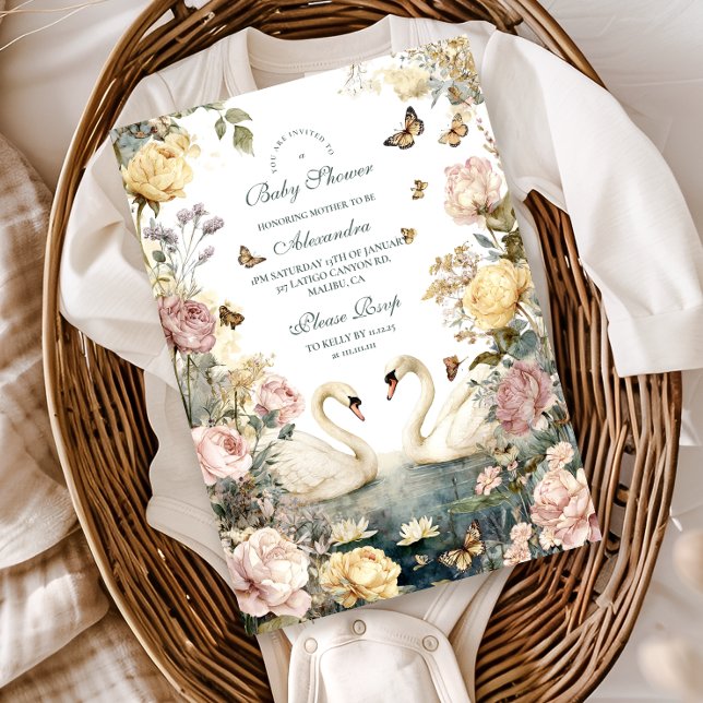Elegant Vattenfärgsskare Svanar Babykläder Inbjudningar (Skapare uppladdad)