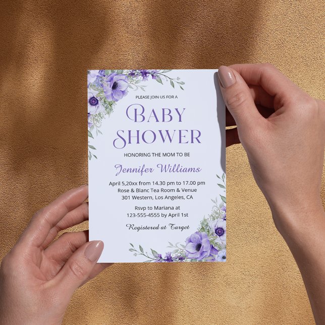 elegant vattenfärgsskdusch för chic i lila blommor inbjudningar (Skapare uppladdad)