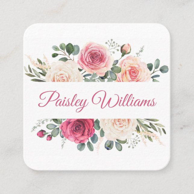 Elegant Vattenfärgsskript för  Ro Blommigt Fyrkantigt Visitkort (Framsida)
