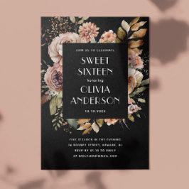 Elegant vattenfärgssvart blommigt Svart 16 sexton Inbjudningar