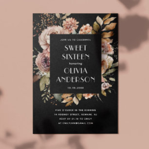 Elegant vattenfärgssvart blommigt Svart 16 sexton Inbjudningar